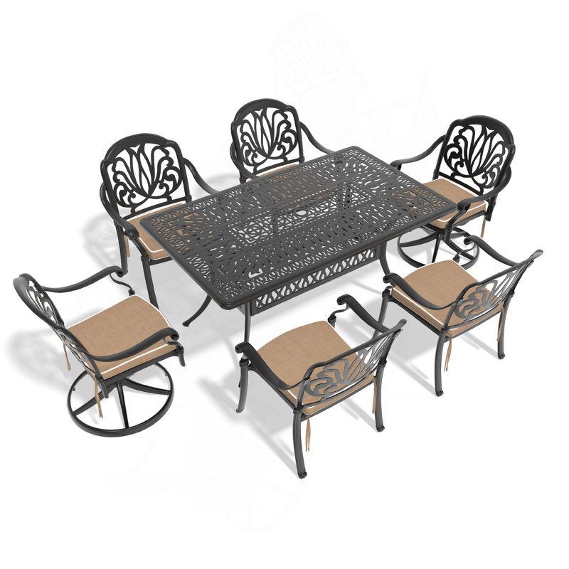Ensemble de salle à manger 7 pièces en fonte d'aluminium toutes saisons comprenant 2 chaises pivotantes, 4 chaises et une table rectangulaire avec cadre noir