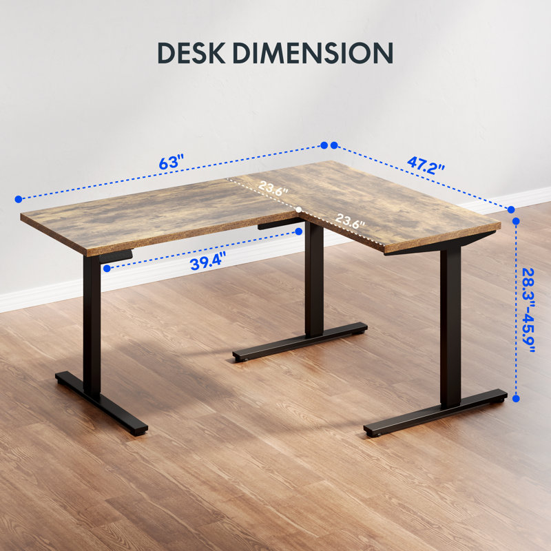 63'' L-Shaped Home Office Height Adjustable Standing Desk, 45.9" H x 63" W x 47.2" D, Mahogany/Black