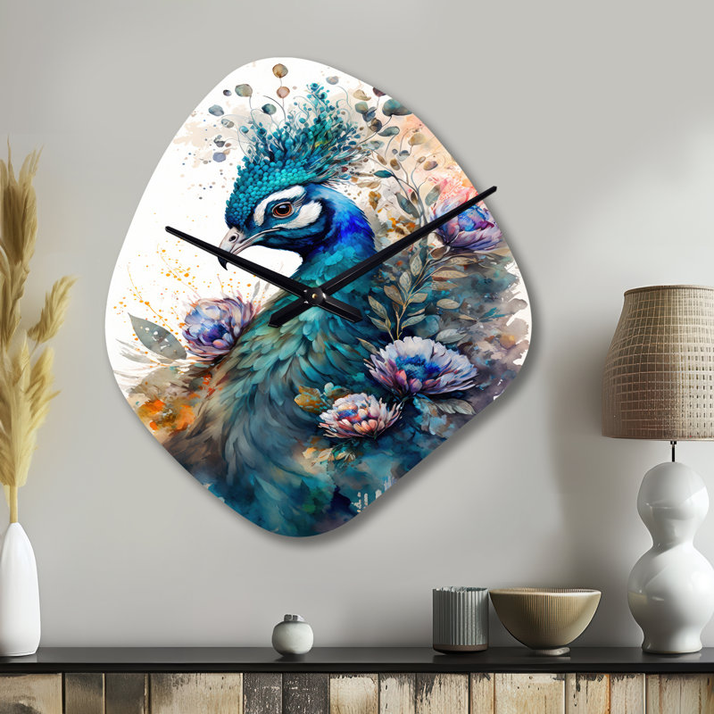 Mignon paon, art floral II - horloge murale en forme de paon, horloge murale asymétrique moderne, Petit