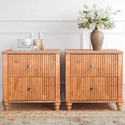 Table de chevet cannelée 2 pièces, table d'appoint de 21,65 po de largeur avec 3 tiroirs, table de chevet moderne en bois avec poignée en métal, table de chevet en bois pour la chambre à coucher, le salon et le placard