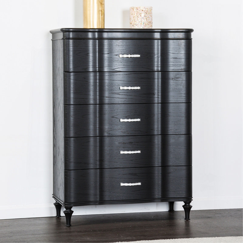 Finition glamour 1 pièce Commode courbée à pleine extension avec poignées en acrylique et pieds en bois tournés, Noir