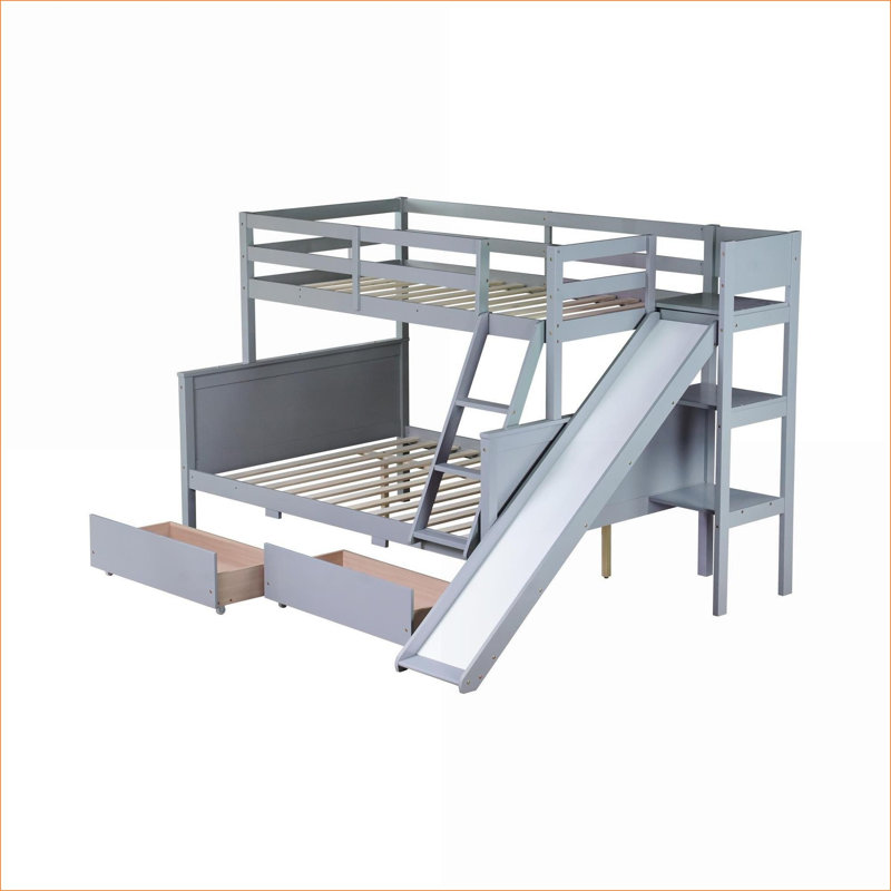 Twin Over Full Rubber Wood Storage Bunk Bed, No Box Spring Needed, With Drawers Slide Shelves, Grey, For Bedroom Guest Room