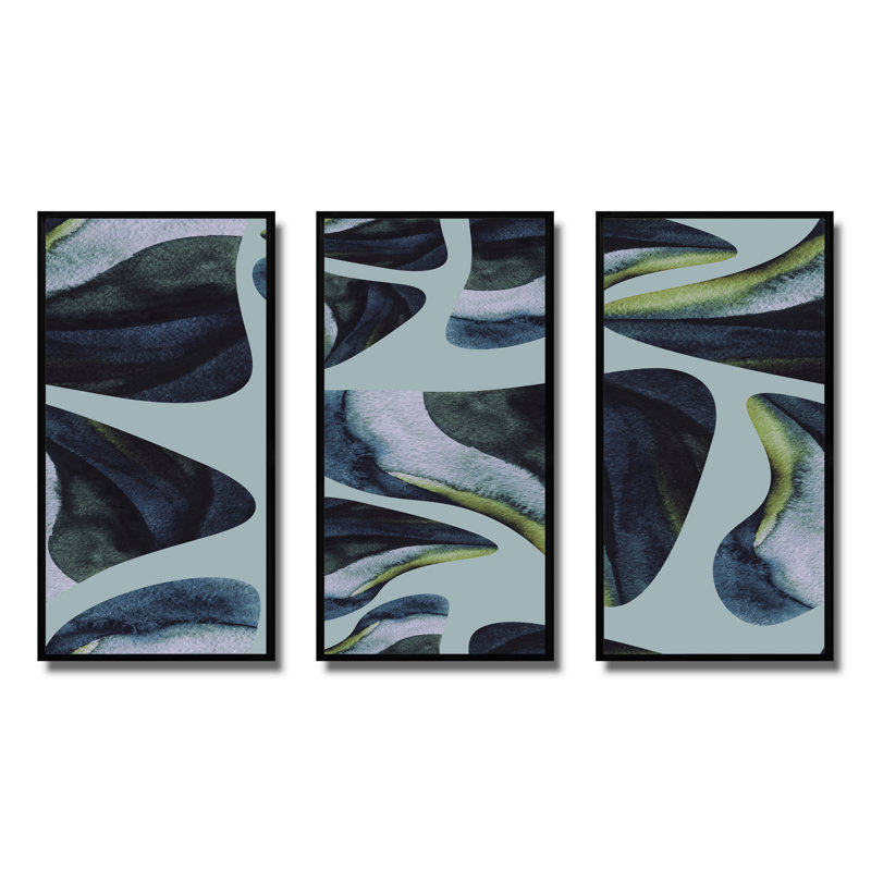 Decorative Elements on Blue - 3 pièces, reproduction sur toile flottante, Noir, H 28 po x l 36 po x P 1 po