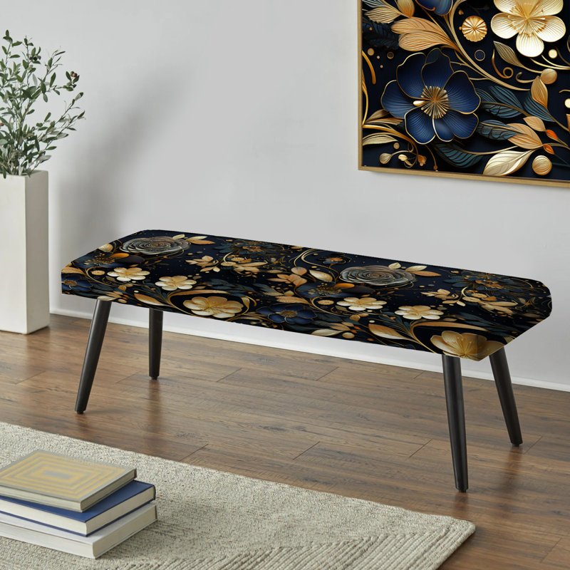 Banc rembourré floral noir Truong, Cachemire doré à fleurs dorées