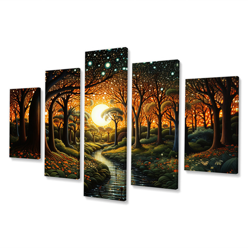 Pointillisme brun vert forêt enchantée - Paysages, art mural, salon - 5 panneaux