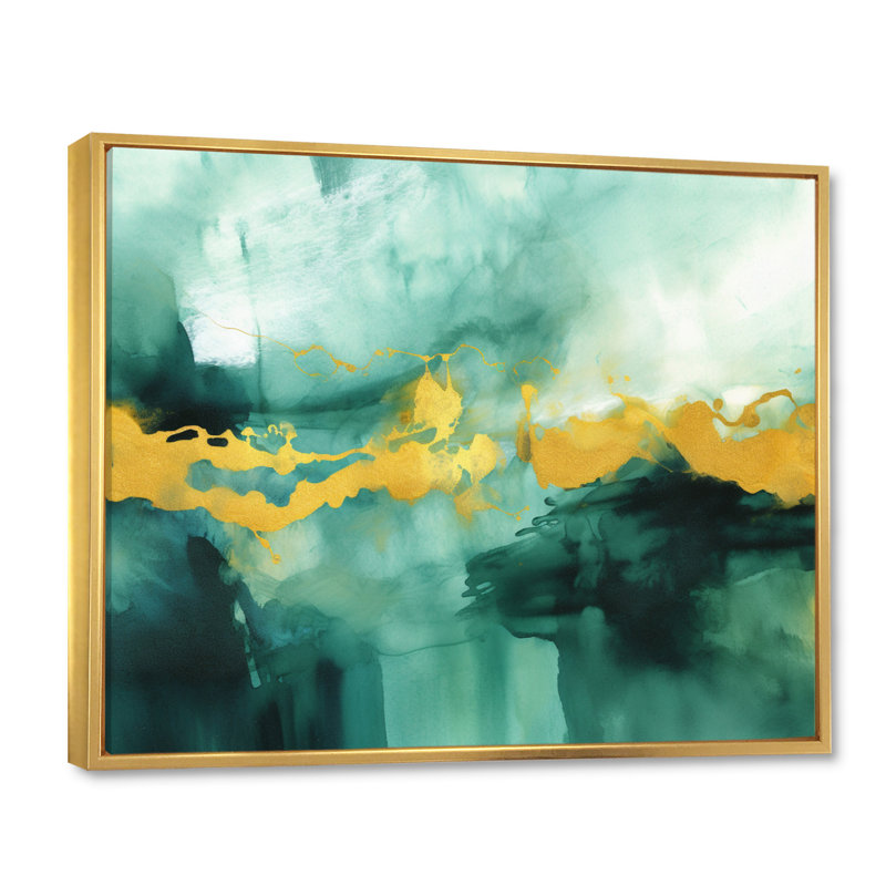Impression d'aquarelle bleue avec or I - reproduction, H 32 po x l 24 po x P 1 po, Cadre flottant doré