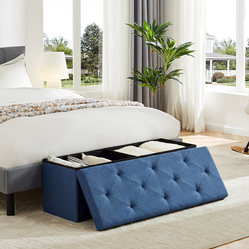 Repose-pieds standard capitonné de 43 po de largeur avec rangement, Tissu bleu, 15.2'' H x 43'' W x 14'' D