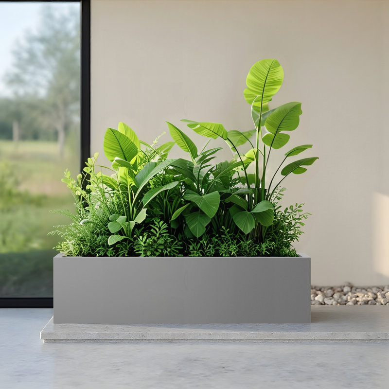 Durable Metal Rectangular Planter for All Environments and Various Plants, Gray