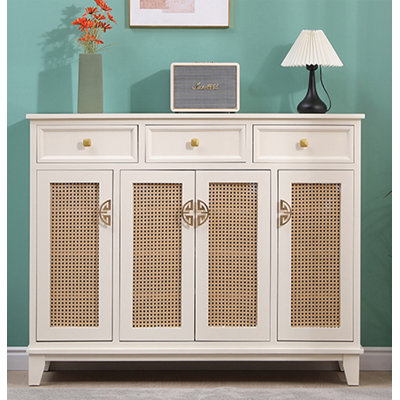 Minimalist rattan and solid paulownia wood shoe cabinet