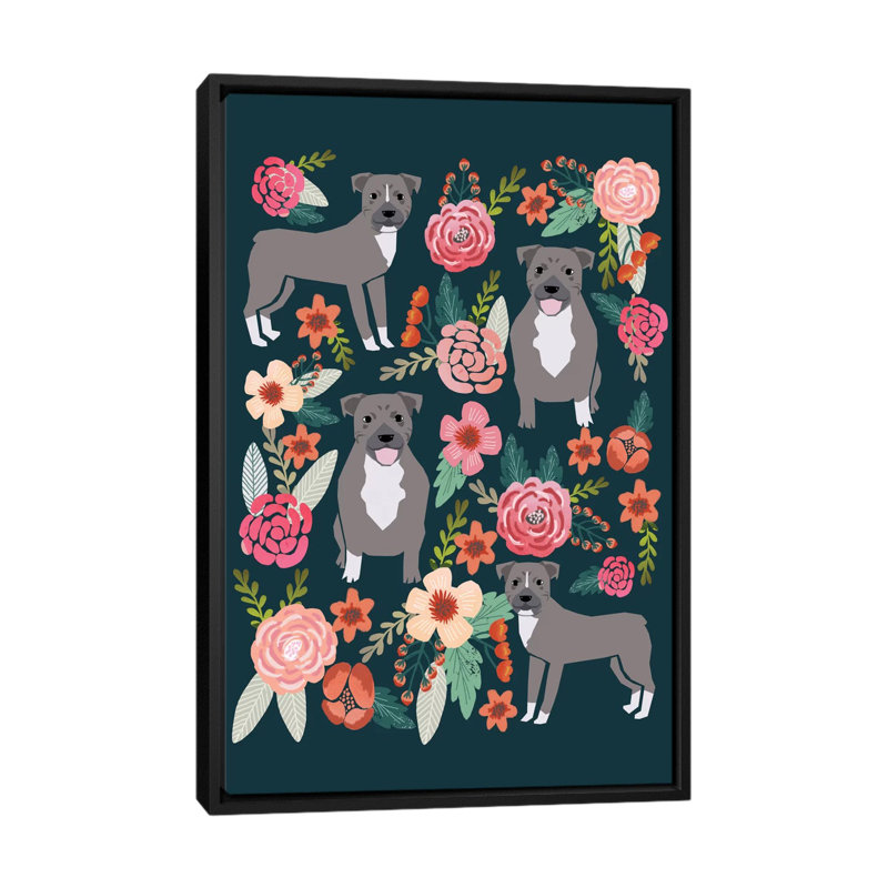 « y bull floral collage », impression sur toile tendue, H 26 po x l 18 po x P 1,5 po, Toile avec cadre noir, Pas de tapis