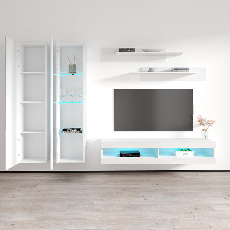 100" Modern Floating Wall Mounted Entertainment Center with 16-Color LED Lighting, High Gloss Finish, White