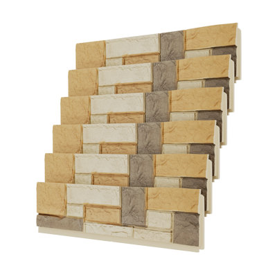 6PC Faux Stone Veneer Wall Panel Set for Indoor and Outdoor Accent Walls in English Brown Castle Stone
