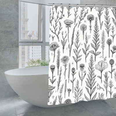 Rideaux de douche noir et blanc à croquis botaniques pour salle de bain, 71 x 71