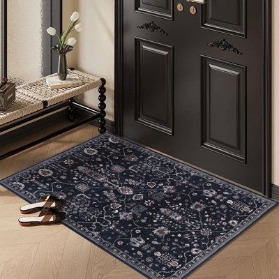 GLN Rugs Traditional Collection - Machine Washable Area Rug, Bohemian Vintage Washable Rug, Non Slip Area Rug, Low Pile Chenille Living Room Rug, Bedroom Rug, Bathroom Rug (Black Rug)