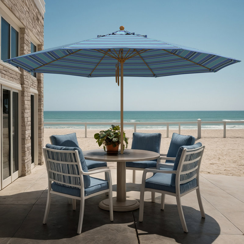Parasol en bois de teck 11 pi, Rayures bleues
