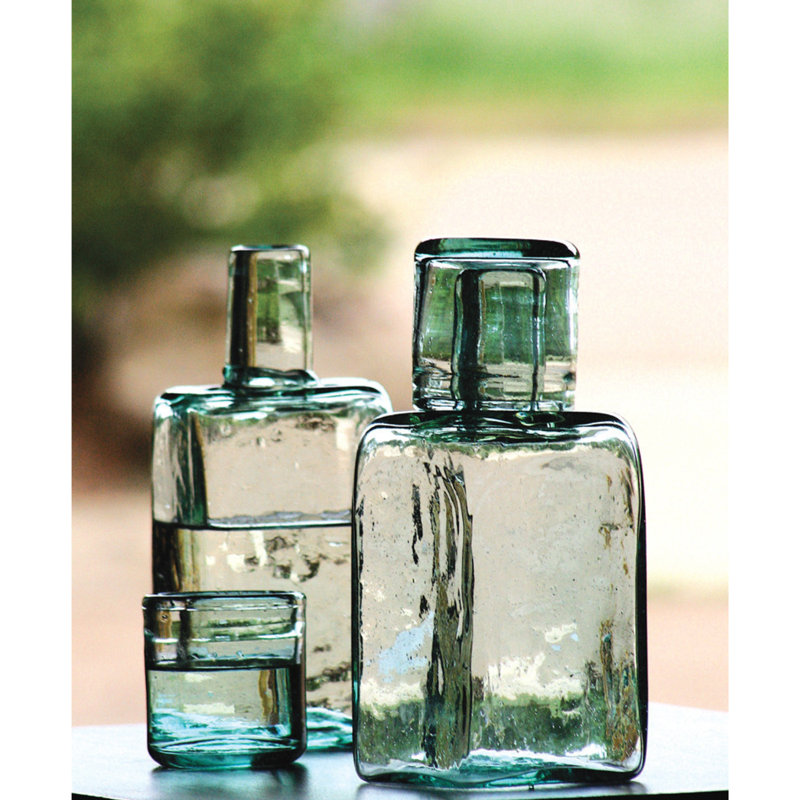 Kalalou Square Bedside Carafe 8.5" H Green Hand-Blown Natural Glass with Cup-Lid, Set of 2