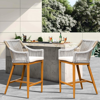 Chaises de bar d'extérieur pour 2 personnes avec aluminium, corde, coussin kaki pour le jardin, la piscine, les sièges de patio à hauteur de comptoir, les accoudoirs et les coussins confort, patio, cuisine, dossier carré,