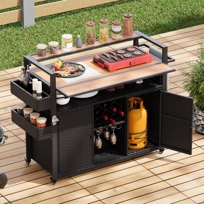 Outdoor Kitchen Wicker Island Rolling Cart Bar Table & Storage Cabinet, Wheels And Plastic Wood Extended Table Top