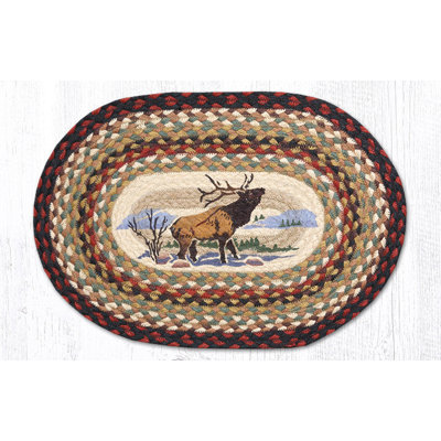  Winter Elk Oval Placemat – 13"x19" Hand-Braided Jute Table Mat with Rustic Snowy Scene and Lodge Decor Style