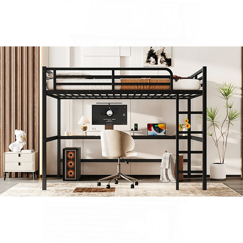 Grand lit mezzanine en métal avec prise de courant et éclairage DEL, peu encombrant, réduit le bruit, noir