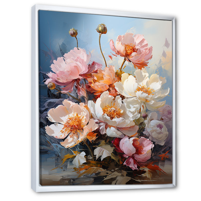Charme de pivoines roses et blanches II, Cadre flottant blanc, H 20 po x l 12 po x P 1 po