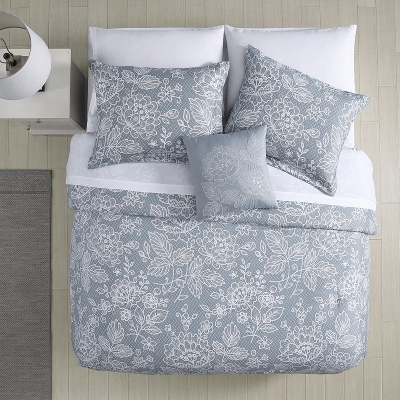 Gray Floral Twin Microfiber Reversible Bed in a Bag Set