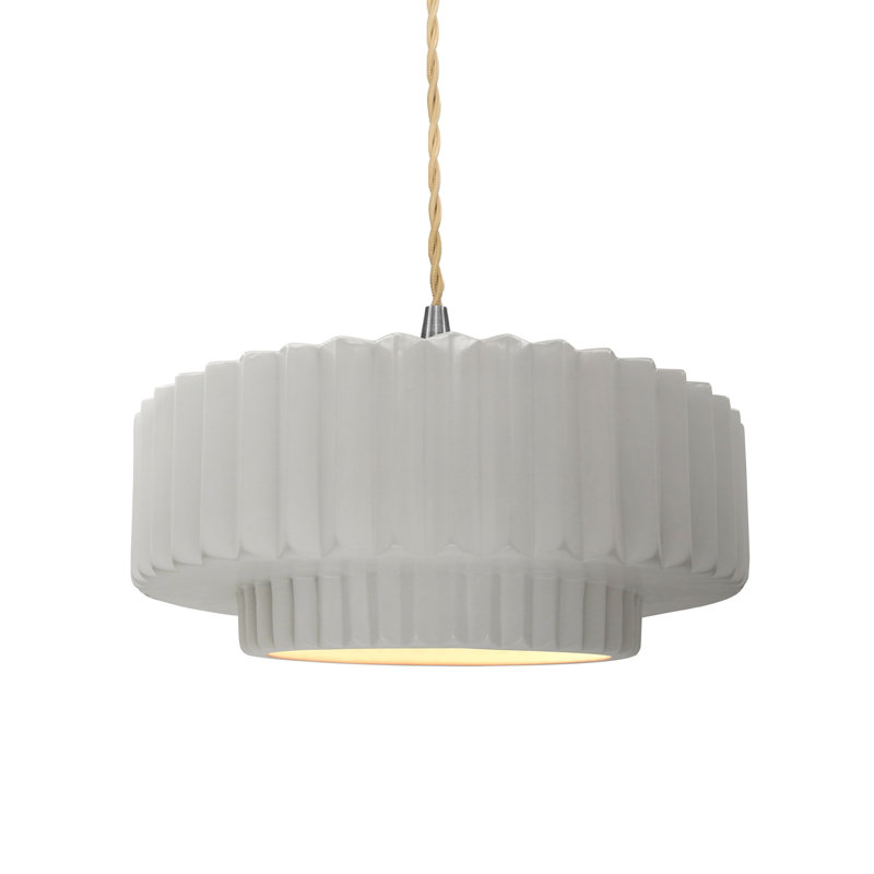 Luminaire suspendu tambour en céramique et en métal 1 lumière Gela, H 5,25 po x l 14,5 po x P 14,5 po, Bisque, Laiton brossé