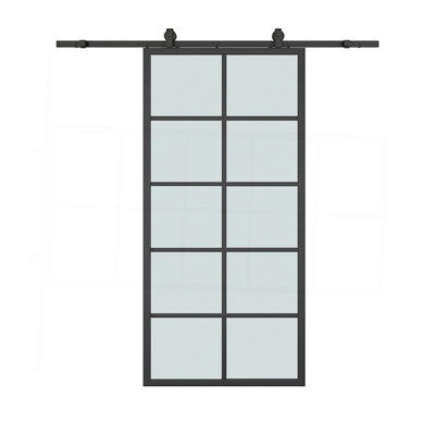 36 In. X 84 In. 10-Lite Frosted Glass Black Aluminum Assembly Requied Interior Sliding Barn Door With Hardware Kit
