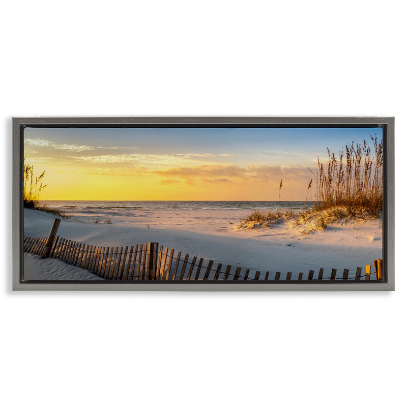 Lever de soleil panoramique sur la plage côtière, Cadre flottant gris lustré, H 11 po x l 25 po