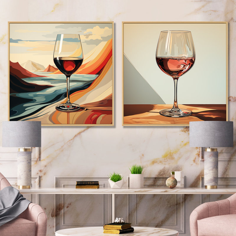 «Pink Crisp Elegance Of Wine Glass I», ensemble d'art mural sur toile 2 pièces, Encadrement brun
