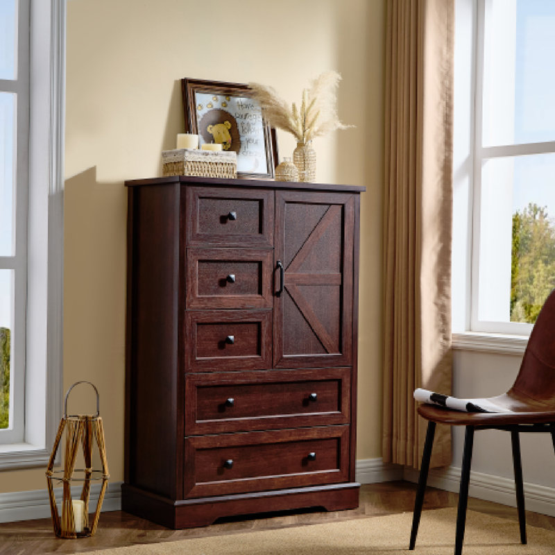 Commode 48 po pour chambre à coucher, commode de ferme avec 5 tiroirs en bois et armoire de rangement, Rouge cerise