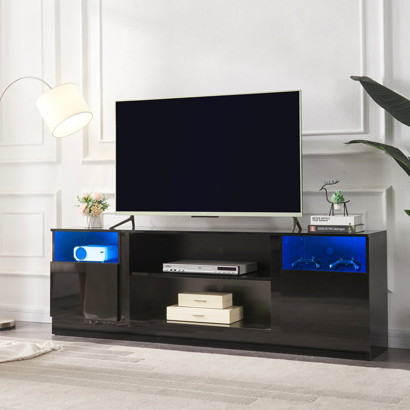 Black 70'' TV Stand with 36'' Electric Fireplace and LED Lights