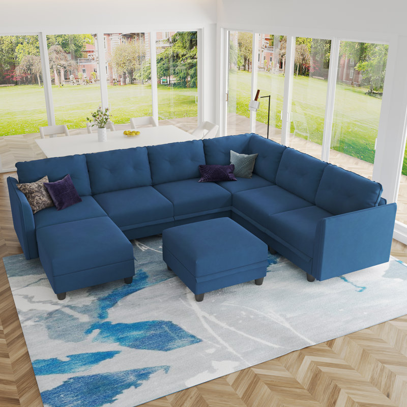 Canapé modulaire rembourré avec repose-pieds 8 pièces Zendajas, Velours bleu