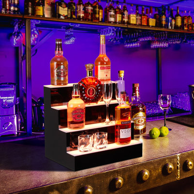 16 Inch  4-Tier LED Liquor Bottle Display Shelf, Wall-Mounted Lighted Bar Shelf with Remote