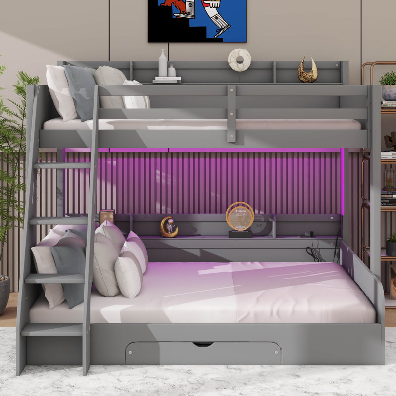 Lit superposé simple et double avec supports de rangement, éclairage à DEL et tiroir coulissant pratique, Gris