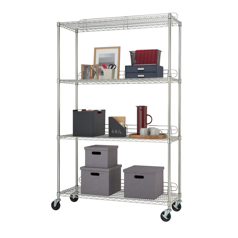 Adjustable Silver Steel 4-Tier Wire Shelving Unit with Wheels