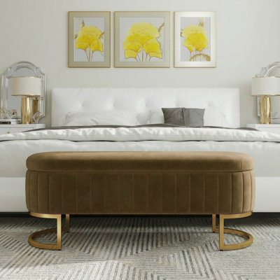 Banc de rangement 65 po avec pieds dorés, banc de fin de lit en velours pour salon, fenêtre, entrée