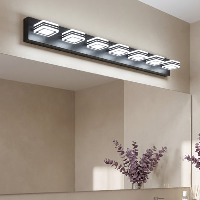 Applique murale moderne de salle de bain à 7 lumières DEL noir mat de 46 pouces, à placer au-dessus d'un miroir