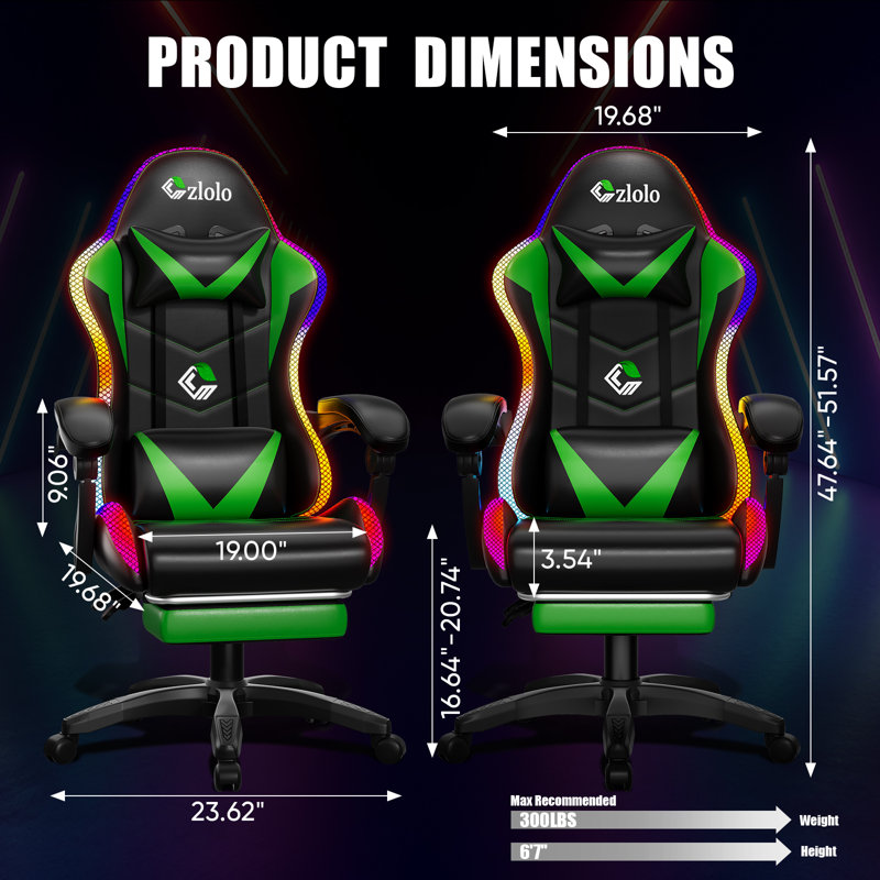 RGB LED Lights Gaming Chair with Footrest and Lumbar Massager for Adults and Kids, Red
