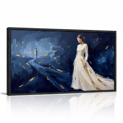 Woman in White Dress Standing in Blue Abstract Setting Canvas Wall Art