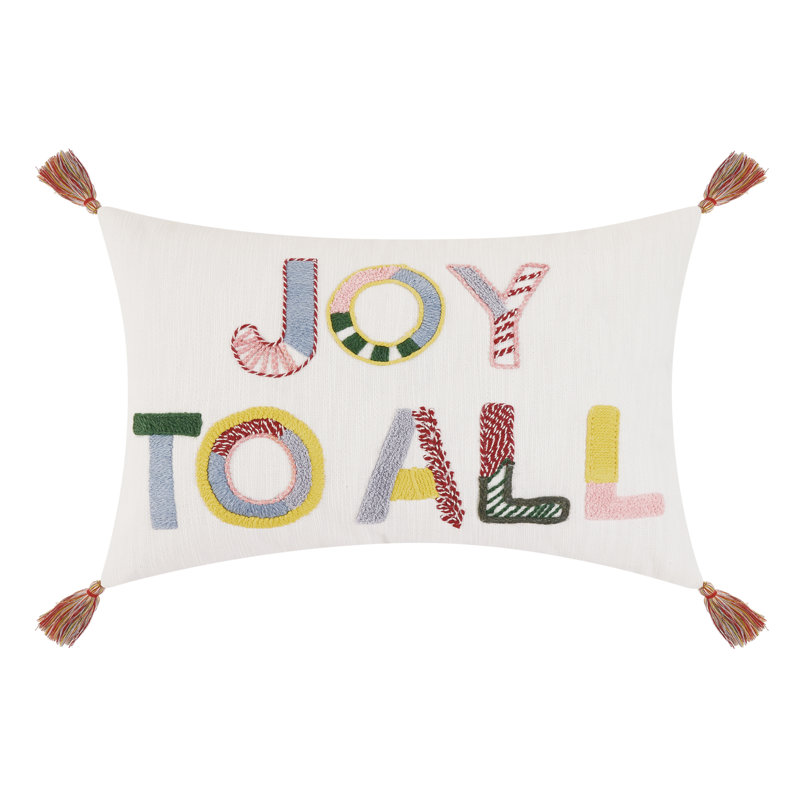 Joy to All Embroidered Cotton Christmas Pillow with Tassels