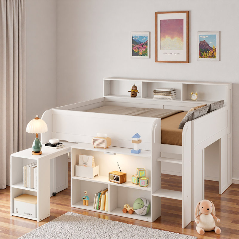 Lit mezzanine avec plusieurs tablettes de rangement, bureau et DEL, Blanc