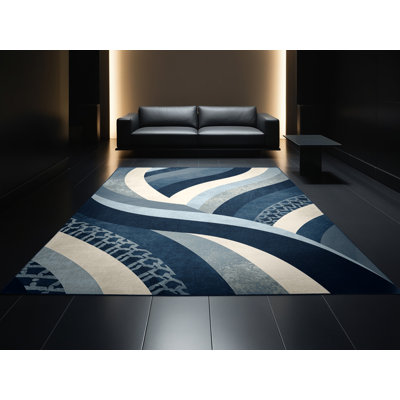 Soft Plush Rosehill Tawhiri Art Deco Arc Area Rug in Blue – Navy Binding