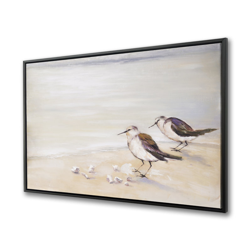 Two Sandpipers on the Beach - Grey Coastal Framed Canvas