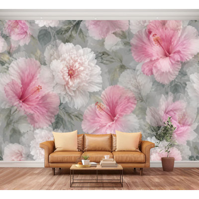 Papier peint adhésif à motif floral de pivoines tropicales roses, fleurs répétées, étonnant, papier auto-adhésif amovible, décoration murale pour salon, chambre à coucher H 100 po x l 144 po