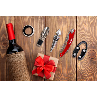 Ensemble d'accessoires pour bouteilles de vin - ensemble de tire-bouchon rouge, bouchon, bec verseur, coupe-papier, marqueur à peinture en verre, avec autocollants pour boissons gratuites, cadeaux de fête des Mères