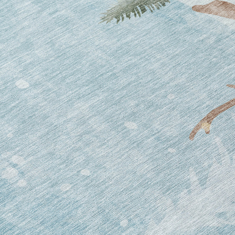 Washable Sky Blue and Green Reindeer Runner Rug