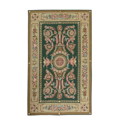 Tapis beige / vert / rose noué à la main de haute qualité