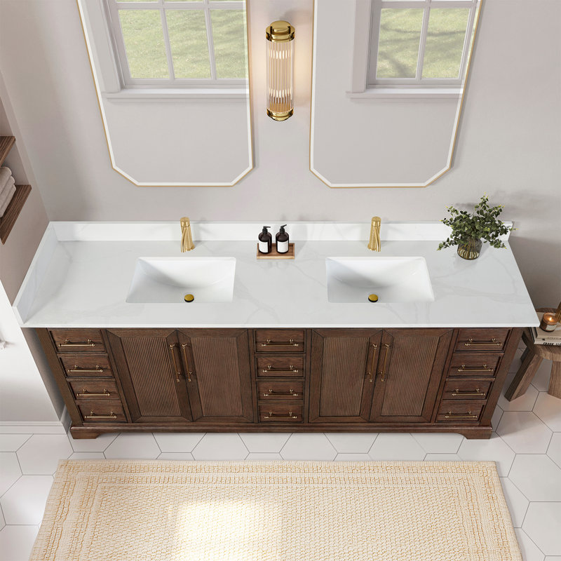 Friedliese 84" Double Bath Vanity with Silk White Quartz Stone Top, Aged Dark Brown Oak