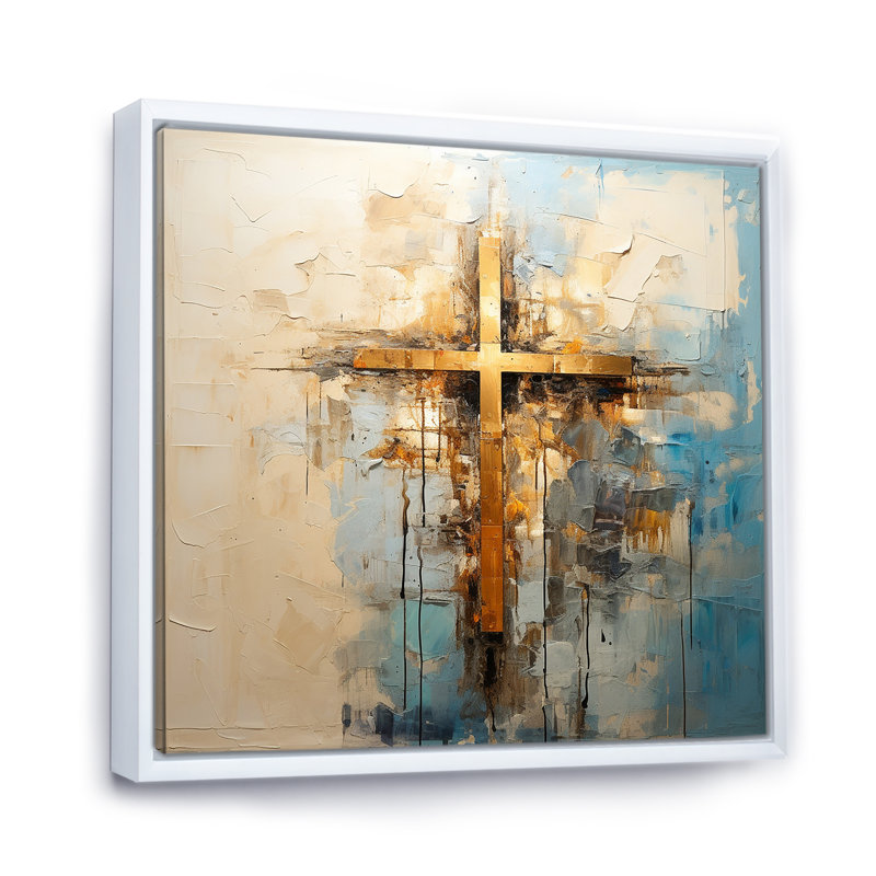 Reproduction d'art mural doré, croix de minimalisme religieuse II, H 16 po x l 16 po x P 1 po, Cadre flottant blanc